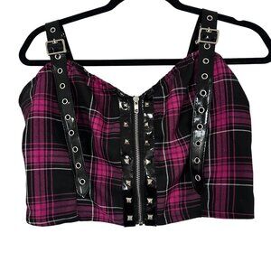 Dolls Kill Charm School Dropout Pink Plaid Bustier Zip Adjustable Top Large